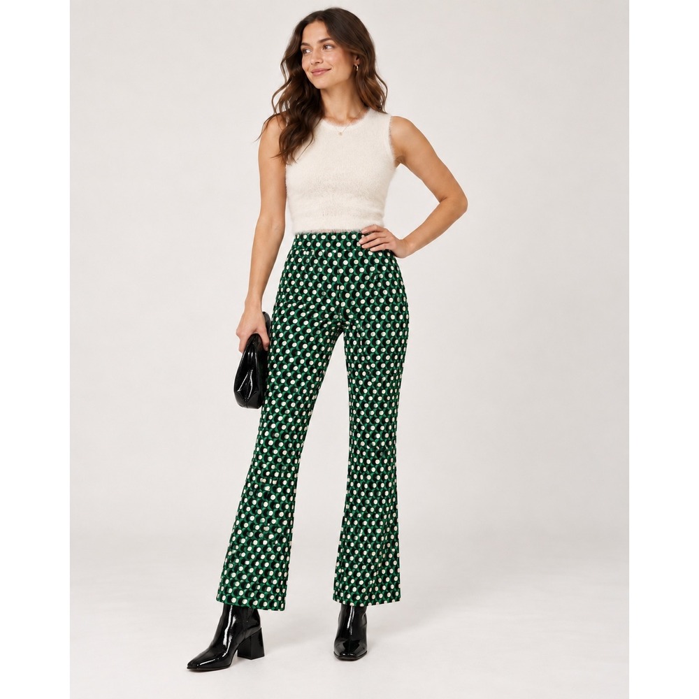 Maeve Anthropologie Margot Cropped Flare Pants Green Black Polka Dot Size M